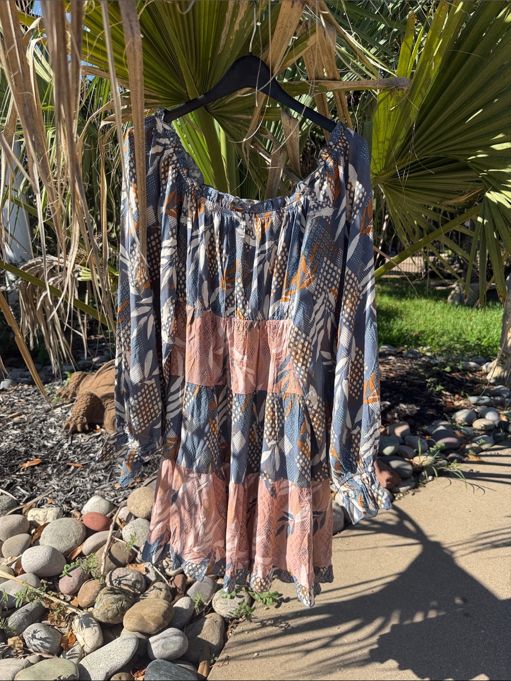 Listicle Boho Dress  in Blue, White  & Tan - size small - NWT